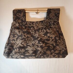 Handmade Tapestry Tote Bag Brown Damask Floral Wood Handle Craft Knitting Bag